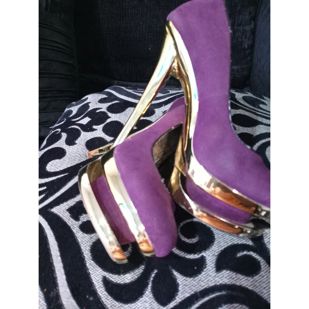 Liliana Purple Faux Suede Gold Metallic Double Platform Stiletto Pumps Heels
